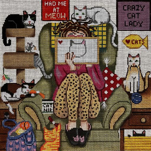 Alice Peterson Co. Gayla Elliott Stitching Girl Cat Lady Needlepoint Canvas