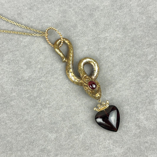 Antique Gold Snake Pendant Necklace with Garnet Heart and Diamond Crown in 14k Gold