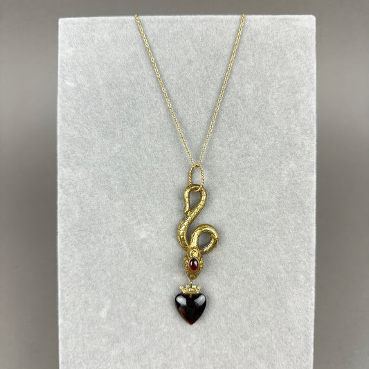 Antique Gold Snake Pendant Necklace with Garnet Heart and Diamond Crown in 14k Gold