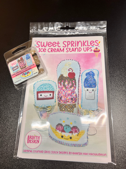 Ardith Design Sweet Sprinkles: Ice Cream Stand Ups Cross Stitch Pattern with Eye Embellishment Pack