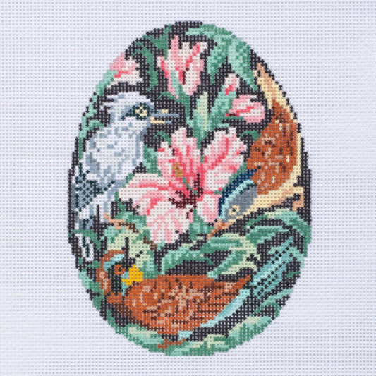 Barbara Russell Bird Medley with Hibiscus Flower Egg Needlepoint Canvas