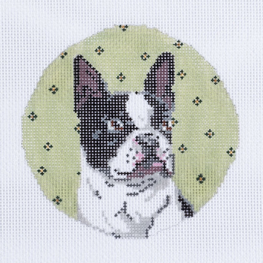 Barbara Russell Boston Terrier Dog Round Ornament Needlepoint Canvas