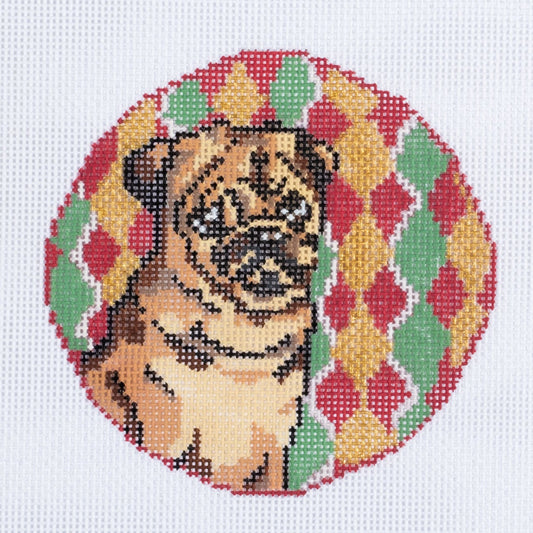 Barbara Russell Brown Pug Dog Round Needlepoint Canvas