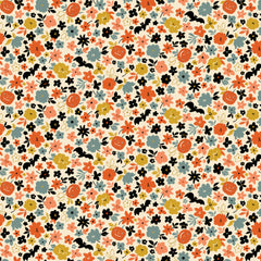 Brenda Walton Pumpkin Patch and Bats Cotton Fabric - Cream