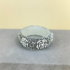 Vintage Celluloid Floral Hinged Clamper Bracelet - White with Black Wash