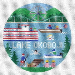 Doolittle Stitchery Lake Okoboji Travel Round Needlepoint Canvas