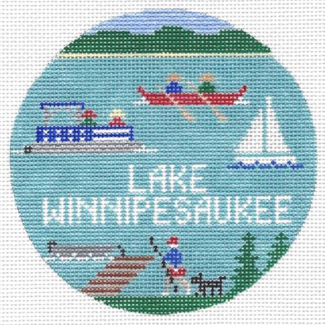 Doolittle Stitchery Lake Winnipesaukee Travel Round Needlepoint Canvas