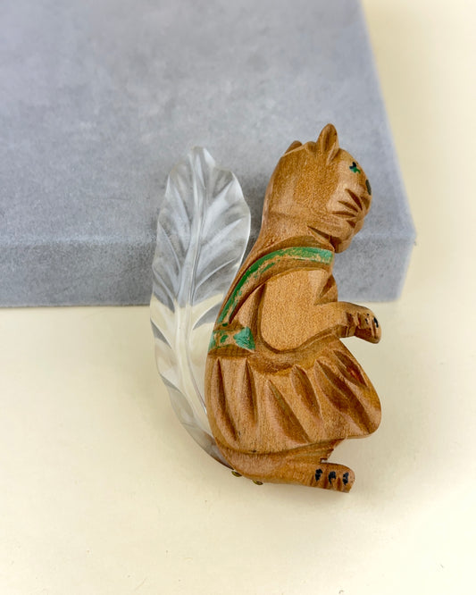 Vintage Carved Wooden Squirrel Brooch with Lucite Tail