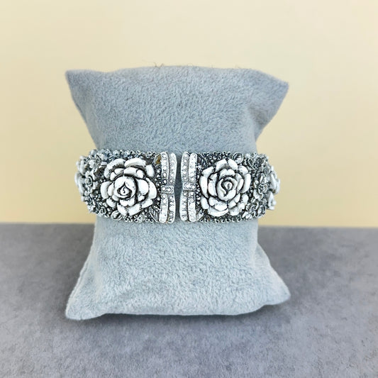 Vintage Celluloid Floral Hinged Clamper Bracelet - White with Black Wash