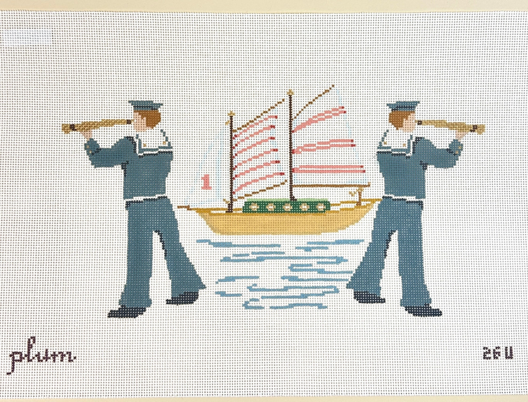 Needlepoint canvas by Plum Stitchery featuring two sailors carrying telescopes, flanking a sailing ship with pink-striped sails on blue water against a white canvas background.