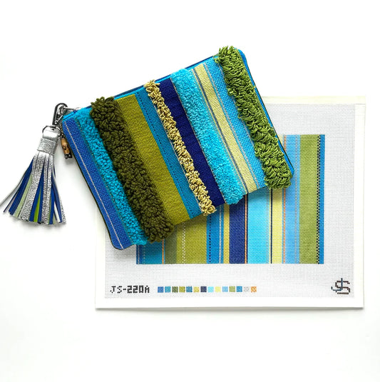 Jeni Sandberg Needlepoint Tufted Stripe Clutch Purse Needlepoint Canvas - Blue & Green