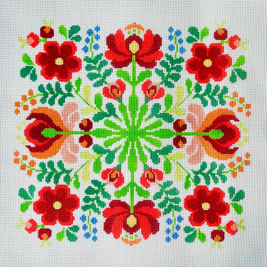 KCN Designers Hungarian Folk Design Red and Pink Floral Needlepoint Canvas