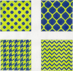 Kate Dickerson Needlepoint Collections Mixed Geometric Patterns in Navy and Lime Coasters Needlepoint Canvas