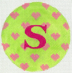 Kate Dickerson Needlepoint Collections Bright Disk Letter in All Over Pink Hearts on Light Lime Needlepoint Canvas