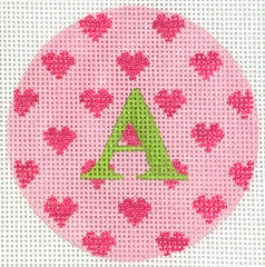 Kate Dickerson Needlepoint Collections Bright Disk Letter in All Over Pink Hearts on Medium Pink Needlepoint Canvas