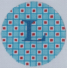 Kate Dickerson Needlepoint Collections Bright Disk Letter in Blue & White Grid Red Dots Needlepoint Canvas