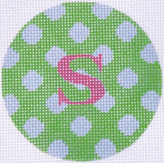 Kate Dickerson Needlepoint Collections Bright Disk Letter in Kelly Green with Lavender Dots Needlepoint Canvas