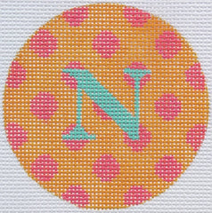 Kate Dickerson Needlepoint Collections Bright Disk Letter in Tangerine with Watermelon Polka Dots Needlepoint Canvas