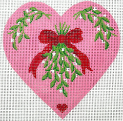 Kate Dickerson Needlepoint Collections Christmas Ornament Pink Heart with Mistletoe & Red Bow Needlepoint Canvas