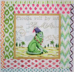 Kate Dickerson Needlepoint Collections Exotic Collage Green Monkey with Mixed Ikat Border Needlepoint Canvas