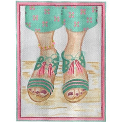 Kate Dickerson Needlepoint Collections Here's Looking At Shoe Tassel-Tie Sandals Turquoise Jade & Hot Pink Needlepoint Canvas