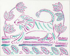 Kate Dickerson Needlepoint Collections Jilly Walsh Indian Textile Inspired Tiger in Purple & Teal Needlepoint Canvas