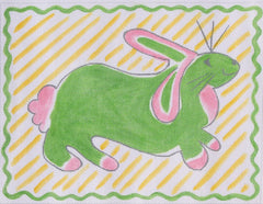 Kate Dickerson Needlepoint Collections Jilly Walsh Rabbit in Pink & Green On Yellow Stripes Needlepoint Canvas