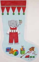 Kate Dickerson Needlepoint Collections Kelly Rightsell Elephant in Red Overalls Stocking Needlepoint Canvas