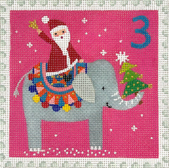 Kate Dickerson Needlepoint Collections Klara Hawkins Advent Stamp #3 Santa on Elephant Needlepoint Canvas