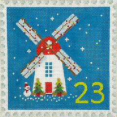 Kate Dickerson Needlepoint Collections Klara Hawkins Advent Stamp #23 Windmill with Snowman Needlepoint Canvas