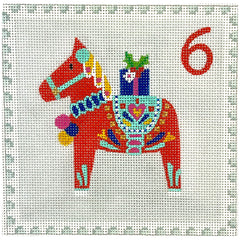Kate Dickerson Needlepoint Collections Klara Hawkins Advent Stamp #6 Dala Horse With Gift Needlepoint Canvas