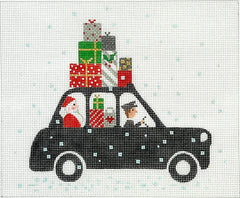 Kate Dickerson Needlepoint Collections Klara Hawkins London Christmas Cab With Santa & Gifts Needlepoint Canvas