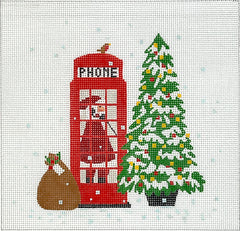 Kate Dickerson Needlepoint Collections Klara Hawkins London Christmas Santa in Phone Booth Needlepoint Canvas