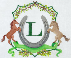 Kate Dickerson Needlepoint Collections Monogram Crest with Horses Horseshoe Ribbon & Greenery Needlepoint Canvas