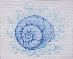 Kate Dickerson Needlepoint Collections Moon Snail Shell with Coral in Shades Of Blue Needlepoint Canvas