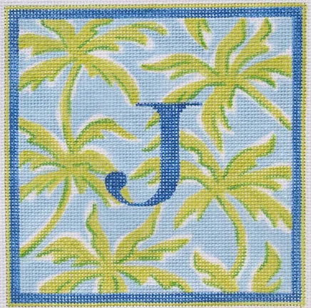 Kate Dickerson Needlepoint Collections Palms in Greens on Light Blue Needlepoint Canvas