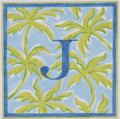 Kate Dickerson Needlepoint Collections Palms in Greens on Light Blue Needlepoint Canvas