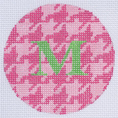 Kate Dickerson Needlepoint Collections Bright Disk Letter in Fuchsia & Light Pink and Houndstooth Needlepoint Canvas