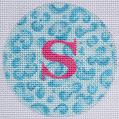 Kate Dickerson Needlepoint Collections Bright Disk Letter in Light & Medium Blue Leopard Needlepoint Canvas