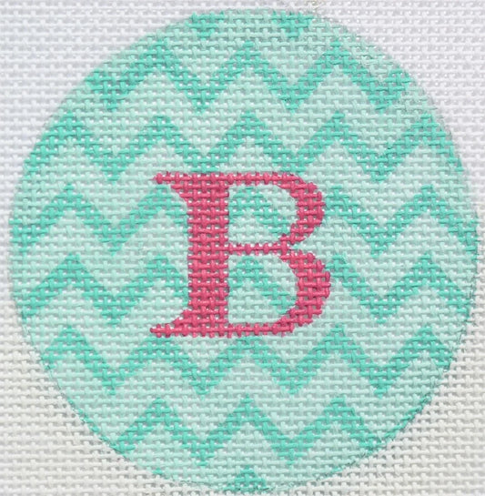 Kate Dickerson Needlepoint Collections Bright Disk Letter in Turquoise Zig Zag Needlepoint Canvas