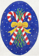 Kate Dickerson Needlepoint Collections Christmas Ornament Candy Canes with Greenery & Gold Bow on Night Sky Needlepoint Canvas