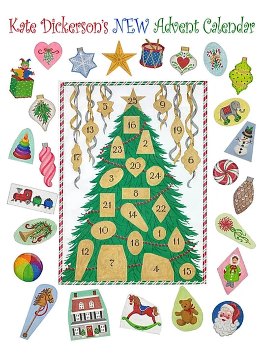 Kate Dickerson Needlepoint Collections Christmas Tree Advent Calendar Needlepoint Canvas Set with Background and 25 Ornaments