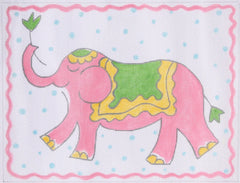 Kate Dickerson Needlepoint Collections Jilly Walsh Elephant in Pink Yellow & Green On Blue Dots Needlepoint Canvas