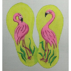 Kate Dickerson Needlepoint Collections Mini Flip Flop Flamingoes on Lime Needlepoint Canvas