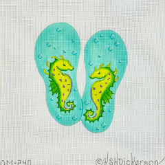 Kate Dickerson Needlepoint Collections Mini Flip Flop Seahorses with Bubbles in Greens and Lavender Needlepoint Canvas