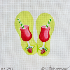 Kate Dickerson Needlepoint Collections Mini Flip Flop Strawberry Daiquiris on Soft Lime Needlepoint Canvas