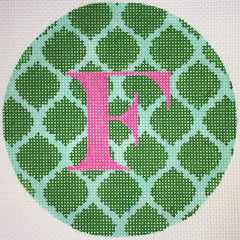 Kate Dickerson Needlepoint Collections Quatrefoils Round in Emerald on Aqua Needlepoint Canvas
