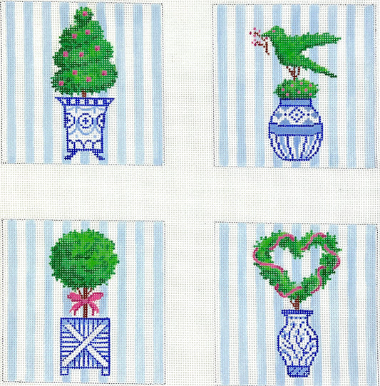 Kate Dickerson Needlepoint Collections Topiaries in Blue & White Pots Coasters Set Needlepoint Canvas