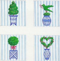 Kate Dickerson Needlepoint Collections Topiaries in Blue & White Pots Coasters Set Needlepoint Canvas