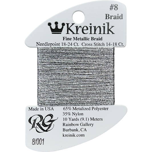 Rainbow Gallery Kreinik Fine Braid #8 - 0001 Silver